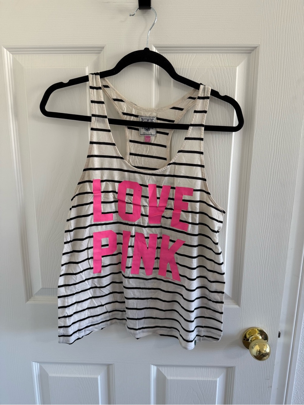 PINK Cream and Black Striped Tank with Bright Pink Front Lettering